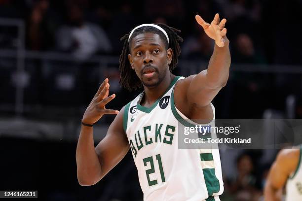 Jrue Holiday of the Milwaukee Bucks reacts during the first half against the Atlanta Hawks at State Farm Arena on January 11, 2023 in Atlanta,...
