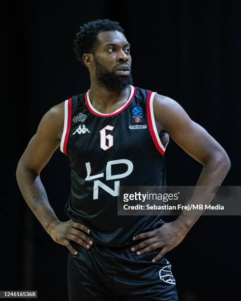 Morayo Soluade of London Lions looks on during the EuroCup match between London Lions and Hapoel Tel Aviv at OVO Arena Wembley on January 11, 2023 in...