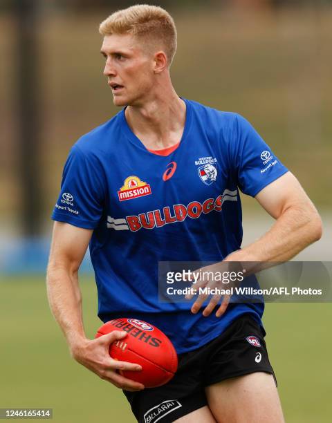 Tim English of the Bulldogs in action during the Western Bulldogs training session at Skinner Reserve on January 12, 2023 in Melbourne, Australia.