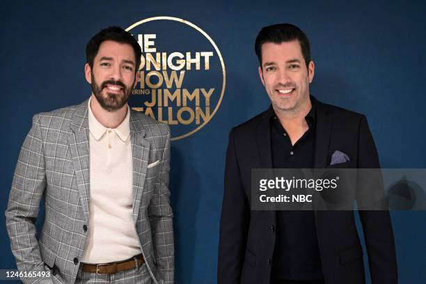 Episode 1775 -- Pictured: TV personalities Drew Scott and Jonathan Scott pose backstage Wednesday, January 11, 2023 --