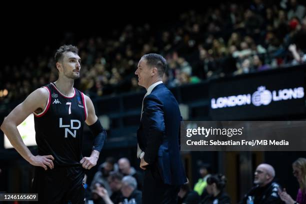 Sam Dekker and Head Coach Ryan Schmidt of London Lions during the EuroCup match between London Lions and Hapoel Tel Aviv at OVO Arena Wembley on...
