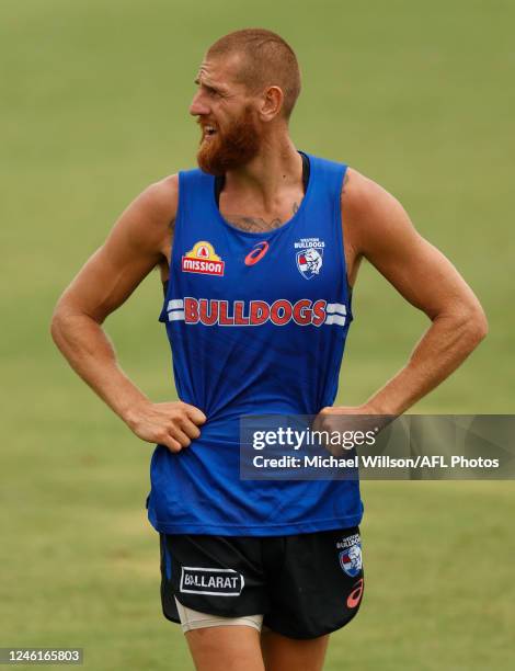 Liam Jones of the Bulldogs in action during the Western Bulldogs training session at Skinner Reserve on January 12, 2023 in Melbourne, Australia.