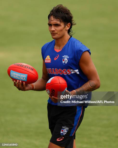 Jamarra Ugle-Hagan of the Bulldogs in action during the Western Bulldogs training session at Skinner Reserve on January 12, 2023 in Melbourne,...