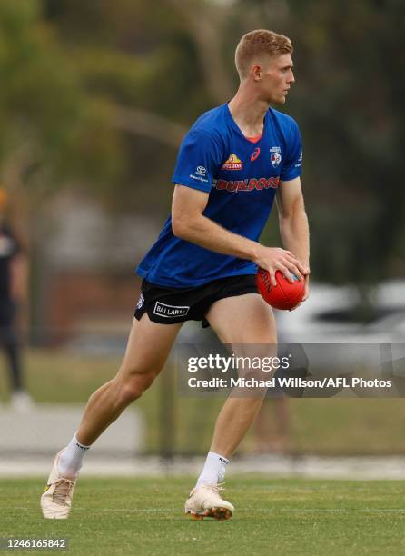 Tim English of the Bulldogs in action during the Western Bulldogs training session at Skinner Reserve on January 12, 2023 in Melbourne, Australia.