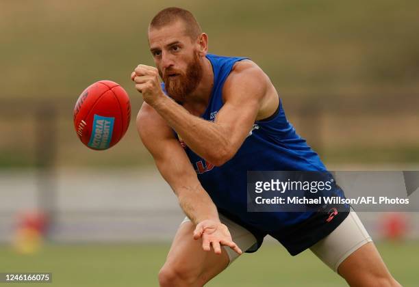 Liam Jones of the Bulldogs in action during the Western Bulldogs training session at Skinner Reserve on January 12, 2023 in Melbourne, Australia.