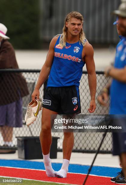 Bailey Smith of the Bulldogs looks on during the Western Bulldogs training session at Skinner Reserve on January 12, 2023 in Melbourne, Australia.