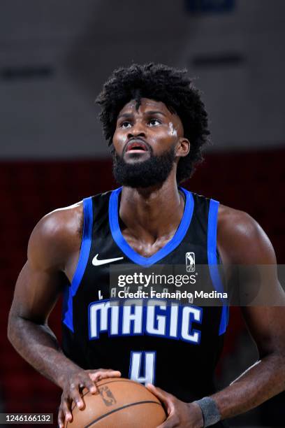 Jonathan Isaac of the Lakeland Magic shoots a free throw during the game against the Westchester Knicks on January 11, 2023 at RP Funding Center in...