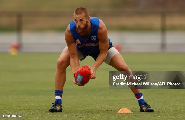 Liam Jones of the Bulldogs in action during the Western Bulldogs training session at Skinner Reserve on January 12, 2023 in Melbourne, Australia.