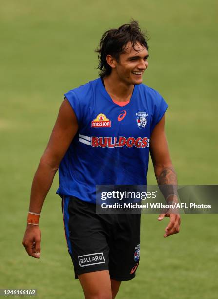 Jamarra Ugle-Hagan of the Bulldogs in action during the Western Bulldogs training session at Skinner Reserve on January 12, 2023 in Melbourne,...