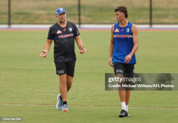 Brendon Lade, Assistant Coach of the Bulldogs and Sam Darcy chat during the Western Bulldogs training session at Skinner Reserve on January 12, 2023...