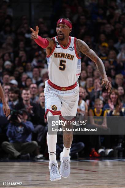 Kentavious Caldwell-Pope of the Denver Nuggets celebrates a three point basket during the game against the Phoenix Suns on January 11, 2023 at the...