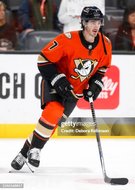 Jayson Megna of the Anaheim Ducks skates on ice during warm-ups against the Edmonton Oilers at Honda Center on January 11, 2023 in Anaheim,...