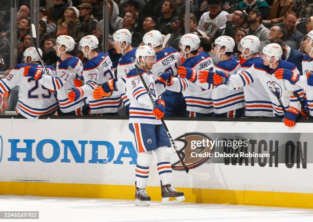 Connor McDavid of the Edmonton Oilers celebrates his goal with teammates during the first period against the Anaheim Ducks at Honda Center on January...