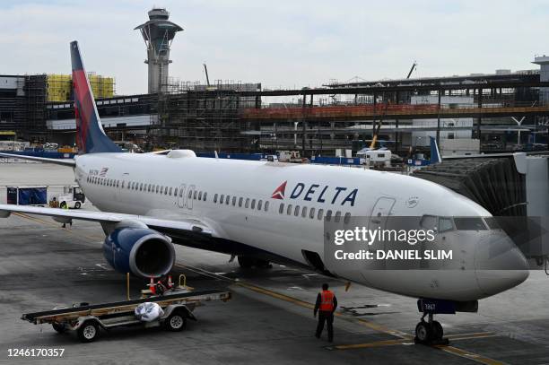 Delta airlines plane is seen at Los Angeles International Airport on January 11, 2023.