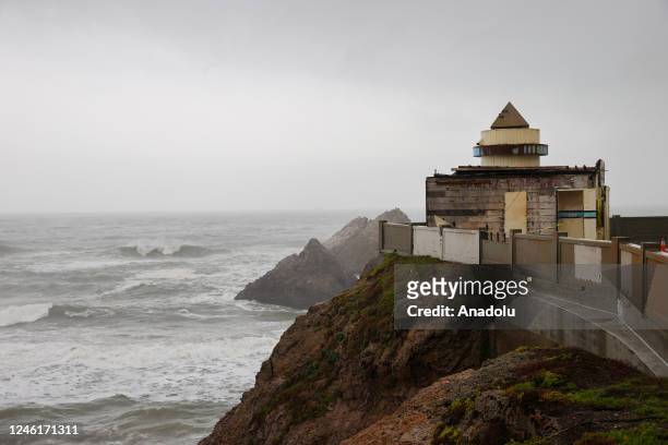 San Francisco's iconic Camera Obscura battered by storm at Cliff House along Ocean Beach in San Francisco on January 11, 2023 as atmospheric river...