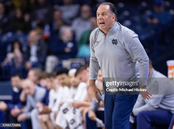 Head coach Mike Brey of the Notre Dame Fighting Irish is seen during the game against the Georgia Tech Yellow Jackets at Joyce Center on January 10,...