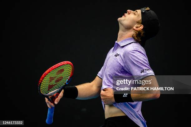 Belgian Zizou Bergs reacts during a tennis match between Belgian Bergs and Bulgarian Andreev, in the third round of the men's qualifications for the...