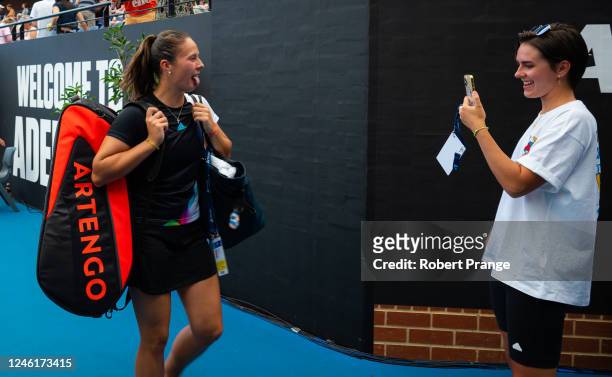 Natalia Zabiiako films girlfriend Daria Kasatkina of Russia after her quarter-final victory on Day 4 of the 2023 Adelaide International at Memorial...