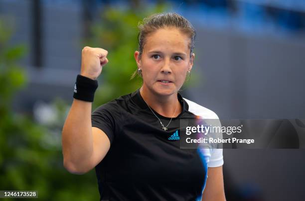 Daria Kasatkina of Russia reacts during her quarter-final match against Petra Kvitova of the Czech Republic on Day 4 of the 2023 Adelaide...