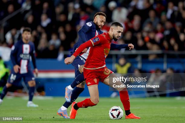 Neymar Jr of Paris Saint Germain, Nabil Bentaleb of Angers during the French League 1 match between Paris Saint Germain v Angers at the Parc des...