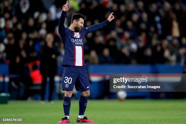 Lionel Messi of Paris Saint Germain celebrates 2-0 during the French League 1 match between Paris Saint Germain v Angers at the Parc des Princes on...