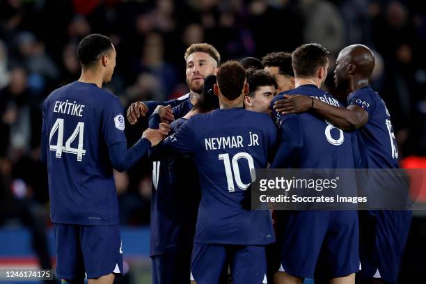 Lionel Messi of Paris Saint Germain celebrates 2-0 with Danilo Pereira of Paris Saint Germain, Fabian Ruiz of Paris Saint Germain, Hugo Ekitike of...