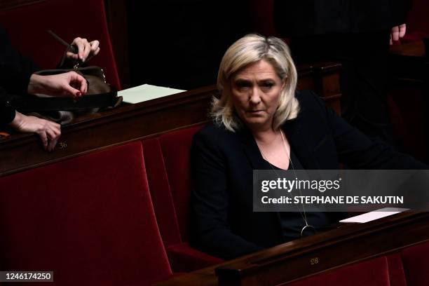 French far-right Rassemblement National parliamentary group president Marine Le Pen attends a session dedicated to bill propositions of the RN group...