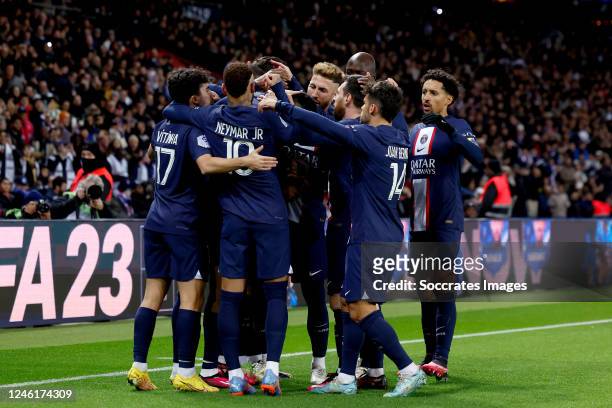 Hugo Ekitike of Paris Saint Germain celebrates 1-0 with Nordi Mukiele of Paris Saint Germain, Fabian Ruiz of Paris Saint Germain, Vitinha of Paris...