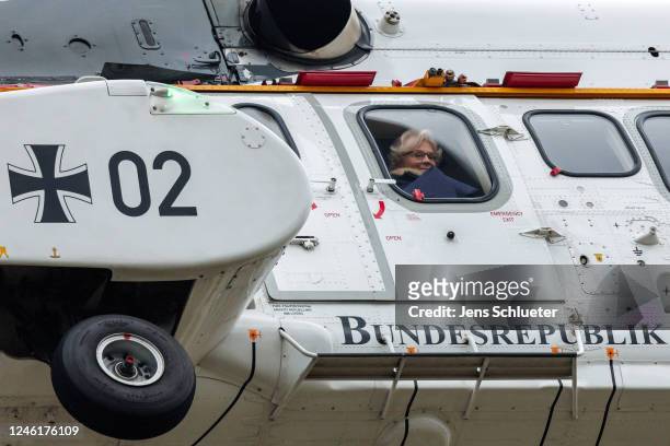 German Defence Minister Christine Lambrecht arrives in a helicopter ahead of her visit to the Bundeswehr’s Armoured Infantry Brigade 37 before...