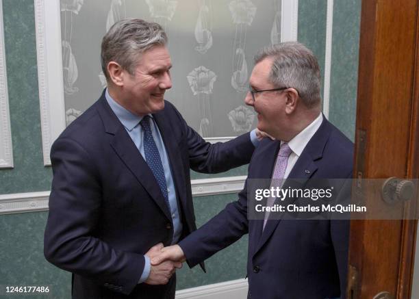 Sir Keir Starmer greets DUP leader Sir Jeffrey Donaldson on January 12, 2023 in Belfast, Northern Ireland, United Kingdom. The Labour leaders visit...