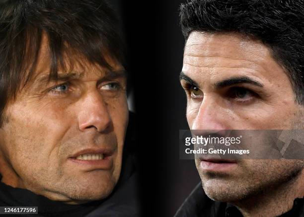 In this composite image a comparison has been made between Antonio Conte, Manager of Tottenham Hotspur and Mikel Arteta, Manager of Arsenal....