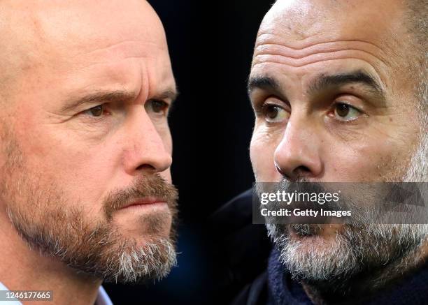 In this composite image a comparison has been made between Erik ten Hag, Manager of Manchester United and Pep Guardiola, Manager of Manchester City....