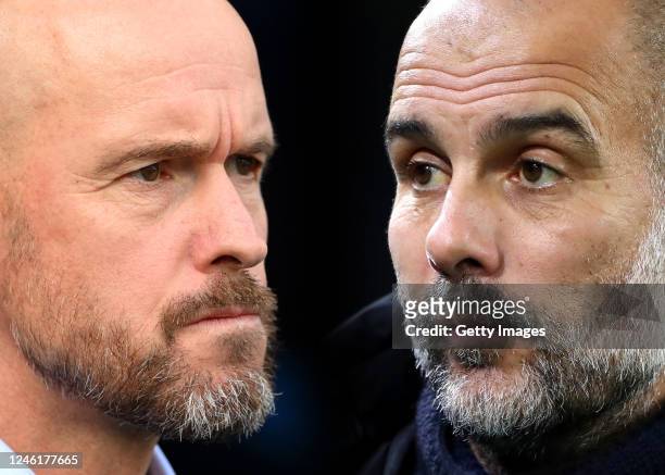 In this composite image a comparison has been made between Erik ten Hag, Manager of Manchester United and Pep Guardiola, Manager of Manchester City....