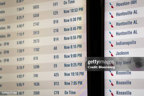 Departure board after the Federal Aviation Administration lifted a ground stop at Charlotte Douglas International Airport in Charlotte, North...