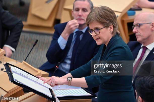 First Minister Nicola Sturgeon during First Minister's Questions in the Scottish Parliament, before a planned meeting with UK Prime Minister Rishi...