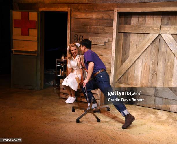 Megan Gardiner and Telly Leung pose at a photocall for "George Takeis Allegiance", a new musical inspired by George Takei's own WW2 experience in a...