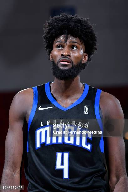 Jonathan Isaac of the Lakeland Magic looks up during the game against the Westchester Knicks on January 11, 2023 at RP Funding Center in Lakeland,...
