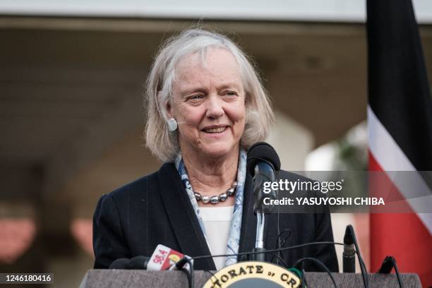 Ambassador to Kenya Meg Whitman speaks during the joint press conference on a reward offering up to ten million US Dollars for information on the...