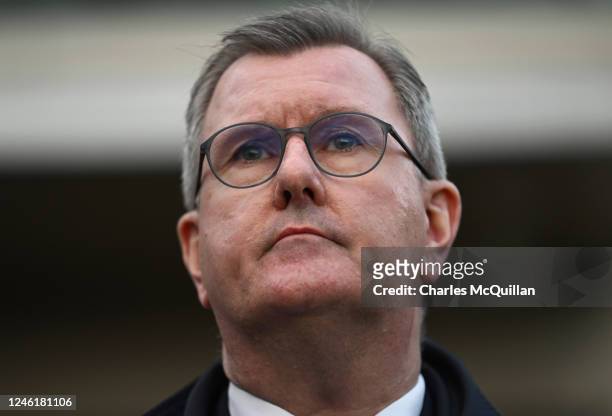 Leader Sir Jeffrey Donaldson gives his reaction to the media after meeting with Taoiseach Leo Varadkar at the Stormont Hotel on January 12, 2023 in...