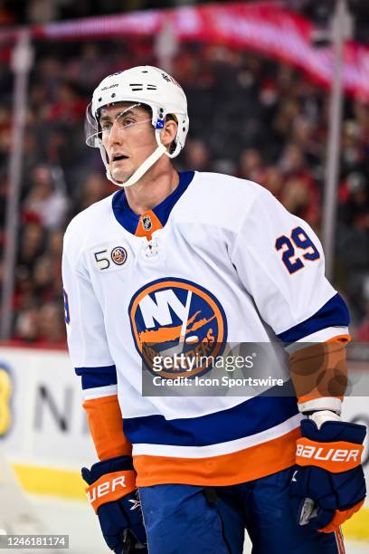 New York Islanders Center Brock Nelson looks on during the first period of an NHL game between the Calgary Flames and the New York Islanders on...
