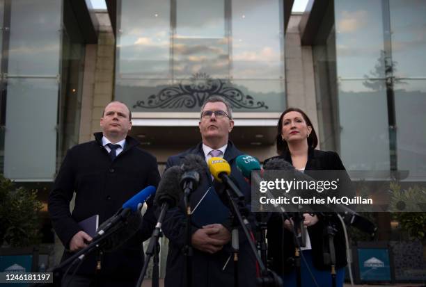 Leader Sir Jeffrey Donaldson gives his reaction to the media after meeting with Taoiseach Leo Varadkar at the Stormont Hotel on January 12, 2023 in...