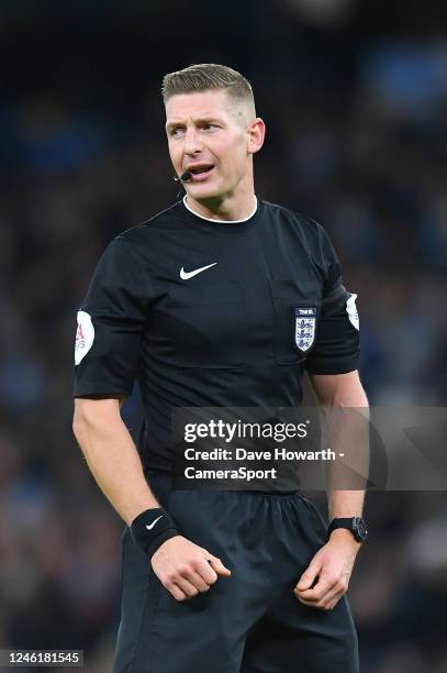 Referee Michael Oliver during the Emirates FA Cup Third Round match between Manchester City and Chelsea at Etihad Stadium on January 8, 2023 in...
