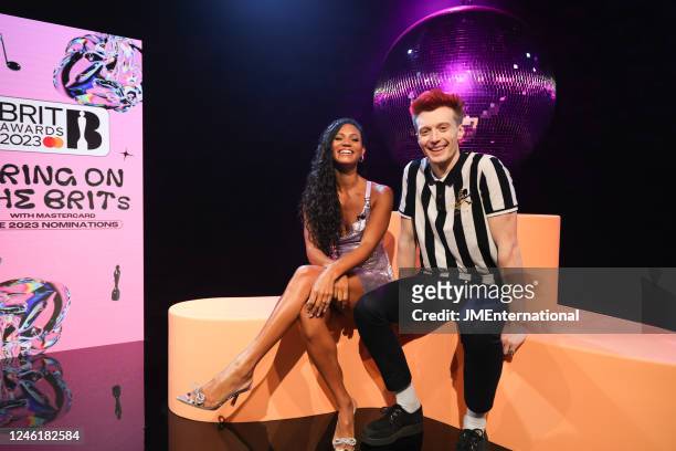 Presenters Vick Hope and Jack Saunders during the Bring On The BRITs: The 2023 Nominations digital launch filming at East London Film Studios on...
