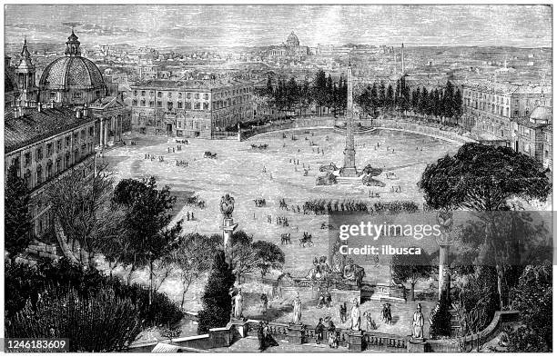 antique illustration: piazza del popolo, rome - piazza del popolo rome stock illustrations