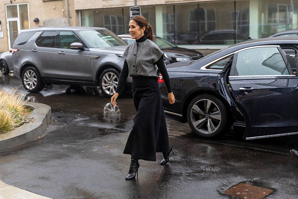 Crown Princess Mary of Denmark arrives to the official opening of the Cancer Society's visitor centre udFORSK on January 12, 2023 in Copenhagen,...