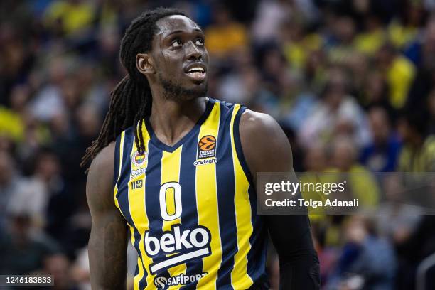 Johnathan Motley, #0 of Fenerbahce Beko Istanbul in action during the 2022-23 Turkish Airlines EuroLeague Regular Season Round 19 game between...