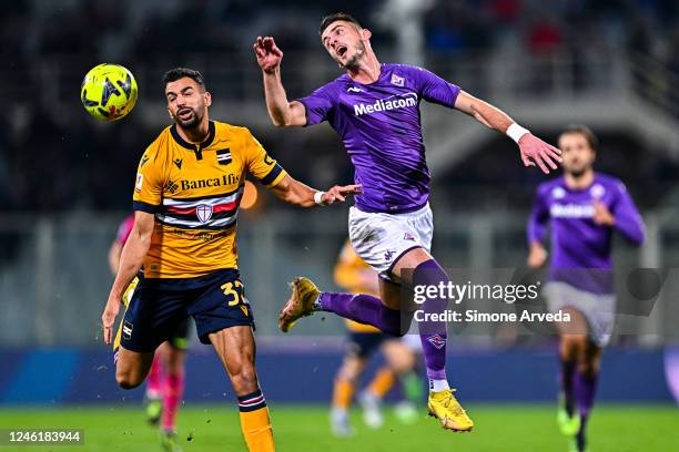 Mehdi Leris of Sampdoria and Aleksa Terzic of Fiorentina vie for the ball during the Coppa Italia match between ACF Fiorentina and UC Sampdoria at...