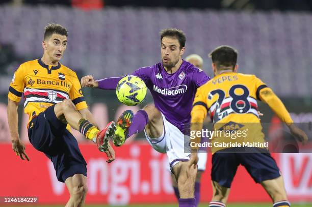 Giacomo Bonaventura of ACF Fiorentina in action during the Coppa Italia match between ACF Fiorentina and UC Sampdoria at Stadio Artemio Franchi on...