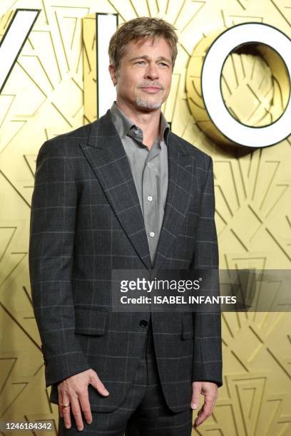 Actor Brad Pitt poses on the red carpet upon arrival for the UK Premiere of 'Babylon', at BFI IMAX in London, on January 12, 2023.