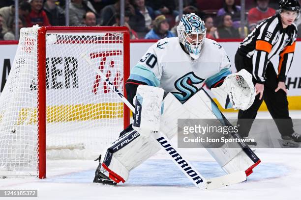 Seattle Kraken goalie Martin Jones waits for a face-off during the Seattle Kraken versus the Montreal Canadiens game on January 09 at Bell Centre in...